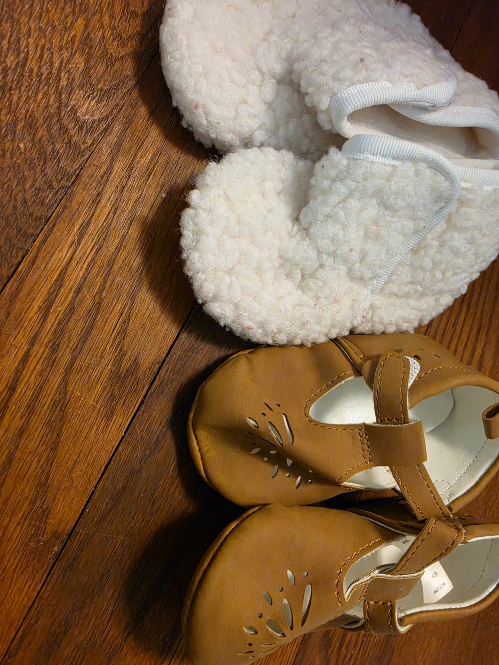 Brown Leather Baby Mary Jane Shoes with Cream Sherpa Slippers